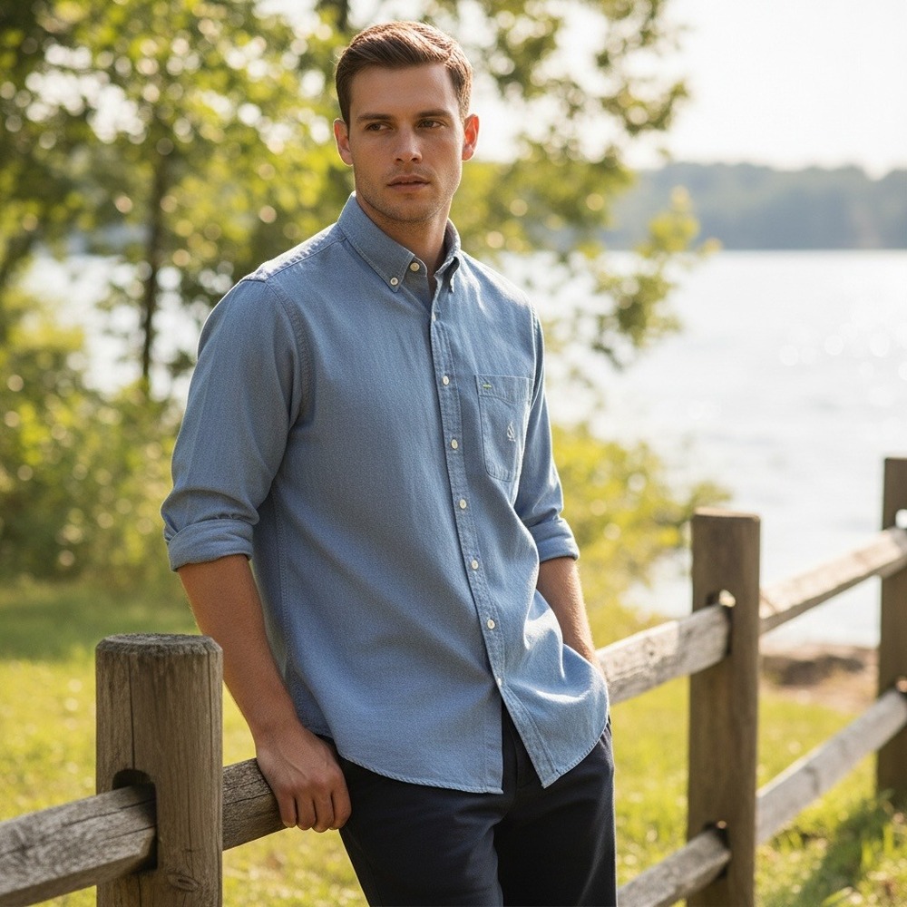 90s Vintage Nautica Button Down Shirt  L Blue Chambray Cotton Y2K Logo Coastal